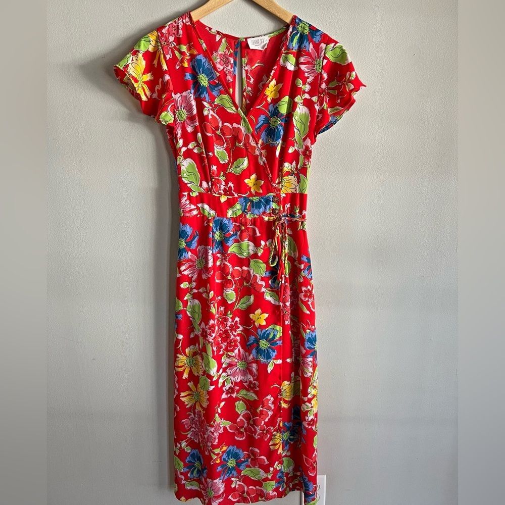 Sienna Sky Red Floral Faux Wrap Midi Dress S Tropical Spring